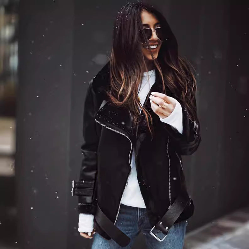Damen Kunstleder Bikerjacke mit Plüschkragen und verstellbaren Riemen Drune