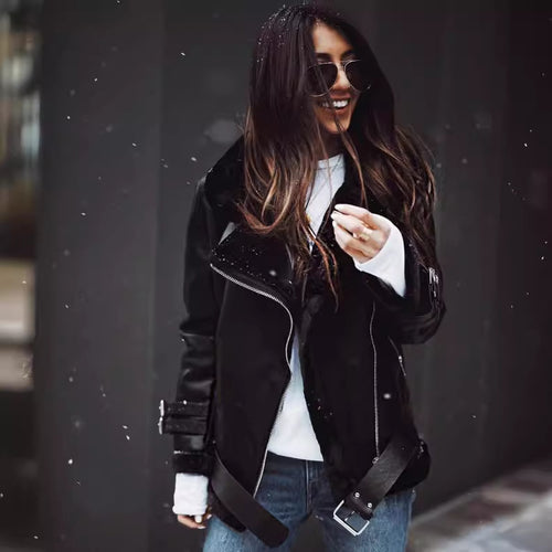 Damen Kunstleder Bikerjacke mit Plüschkragen und verstellbaren Riemen Drune
