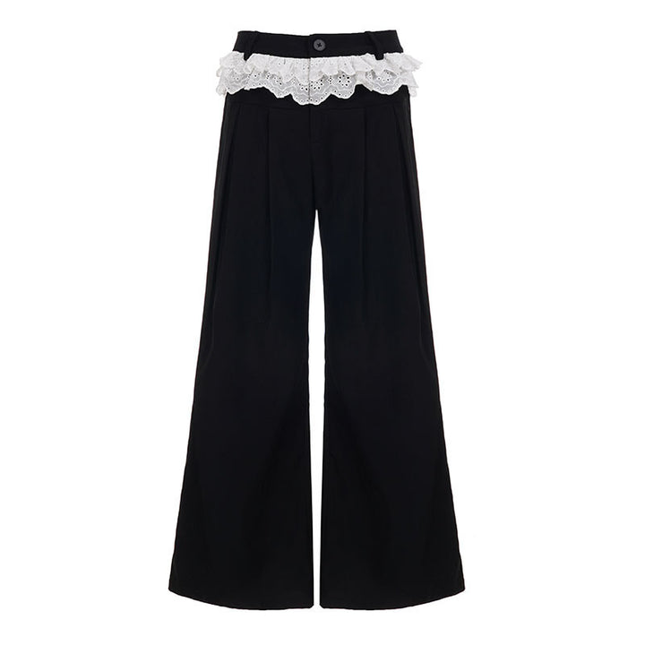 Damen Elegante weite High-Waist-Hose mit Spitzenbesatz Drune