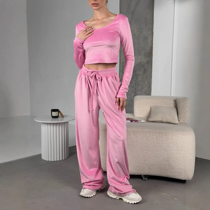 Damen trendiger Cropped-Langarmshirt- und Jogginghose-Set Drune