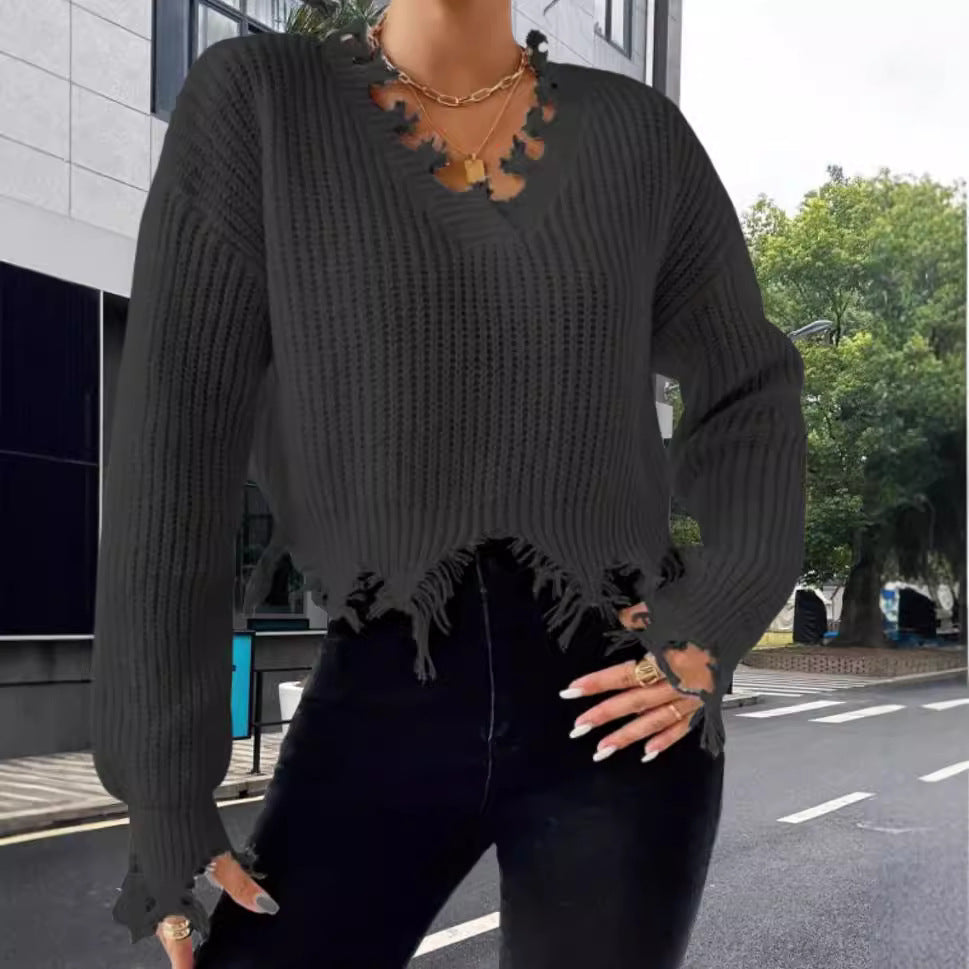 Damen Oversized Strickpullover mit fransigem Saum und raffiniertem Ausschnitt Drune