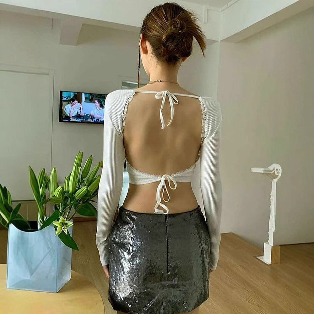 Damen Crop-Top mit Rüschendetails und Rückenbindung Drune