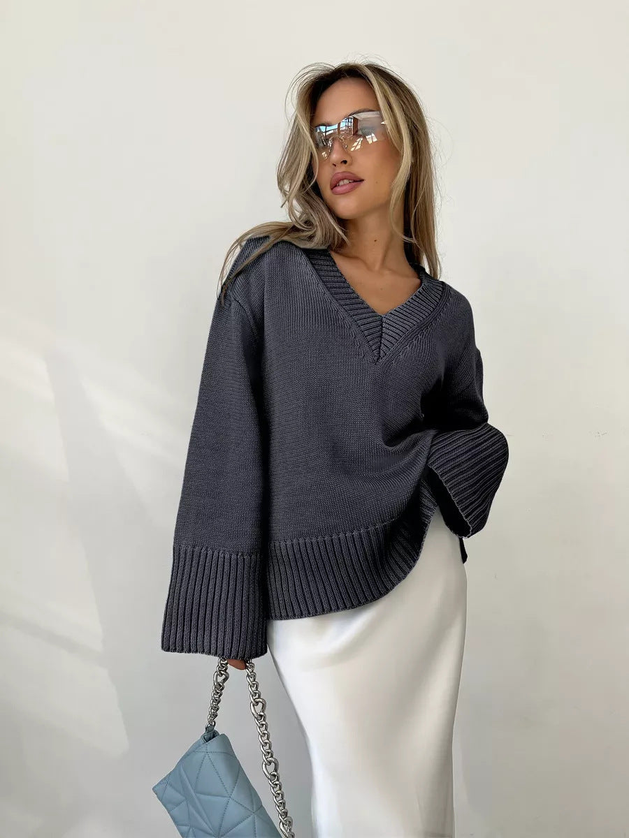 Damen nan oversized Feinstrickpullover mit tiefem V-Ausschnitt, gerippten Bündchen und lockerer Silhouette Drune
