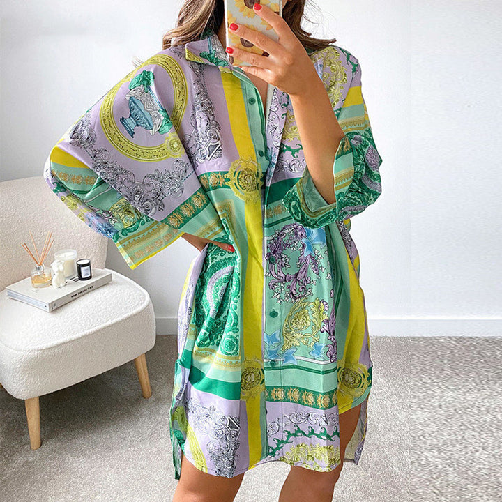 Damen stylisches Oversized-Hemdkleid mit buntem Muster und weit geschnittenen Ärmeln Drune