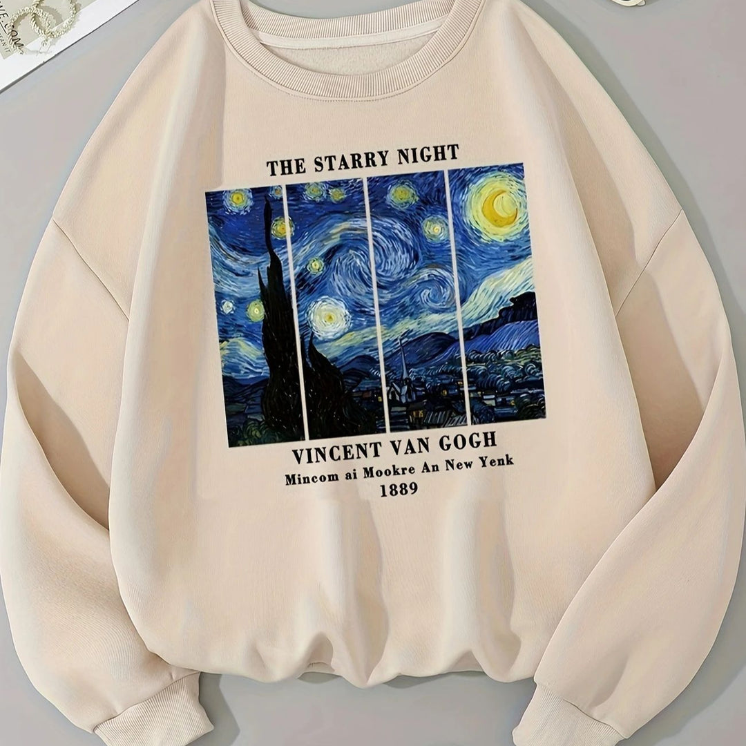 Damen Sweatshirt mit künstlerischem Van Gogh Motiv und modernem Druck Drune
