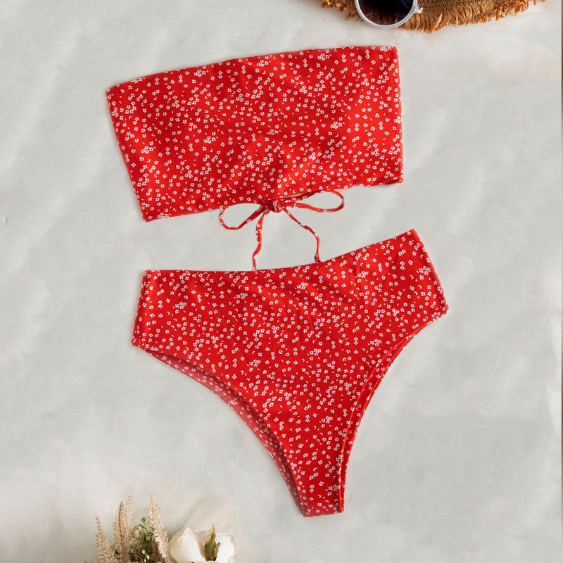 Damen Bandeau-Bikini mit hohem Taillenbund und verstellbaren Bindebändern Drune