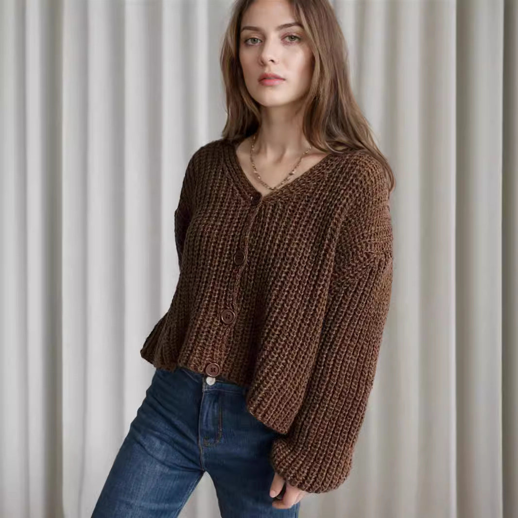 Damen cropped Strickjacke mit grober Maschenstruktur und großen Knöpfen Drune