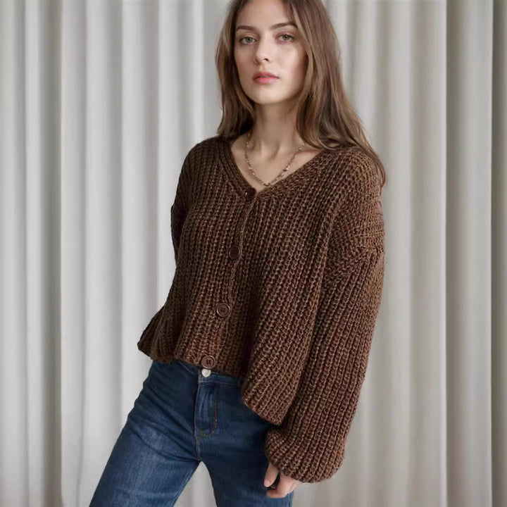 Damen cropped Strickjacke mit grober Maschenstruktur und großen Knöpfen Drune