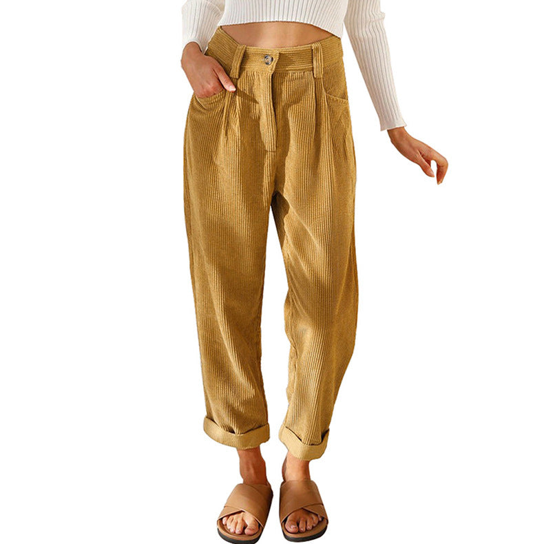 Damen modische Cordhose mit hohem Bund und weitem Bein Drune