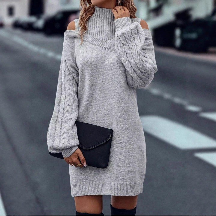 Damen Strickkleid mit off-shoulder Design und komplexer Zopfmusterstruktur Drune