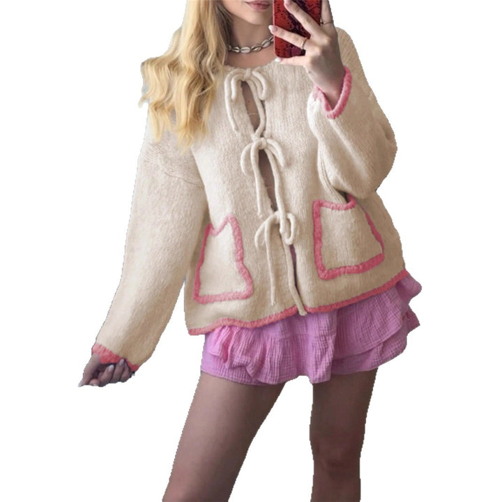 Damen lässige Strickjacke mit einzigartigem Bindungsdetail und großen Taschen Drune