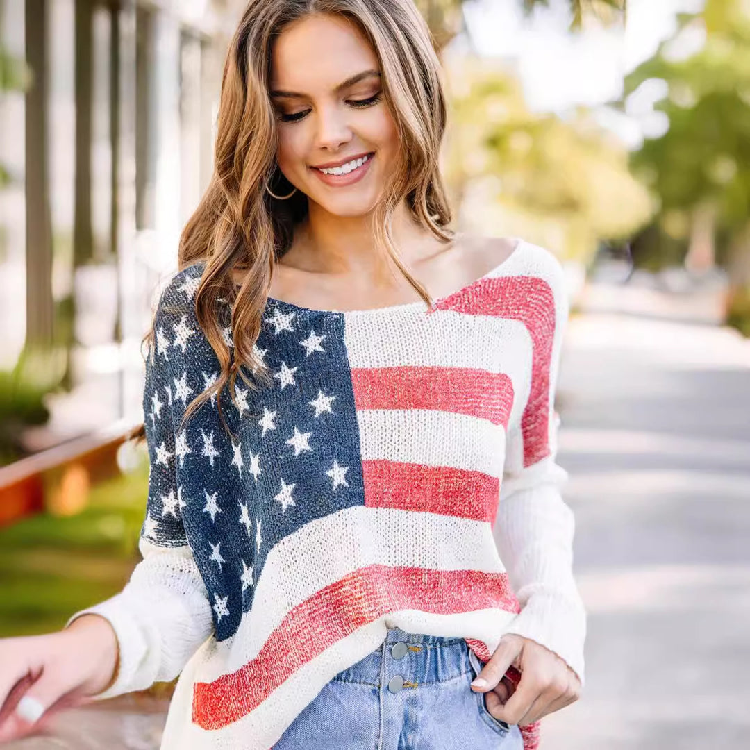 Damen Strickpullover mit patriotischem Flaggenmuster Drune