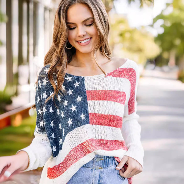 Damen Strickpullover mit patriotischem Flaggenmuster Drune