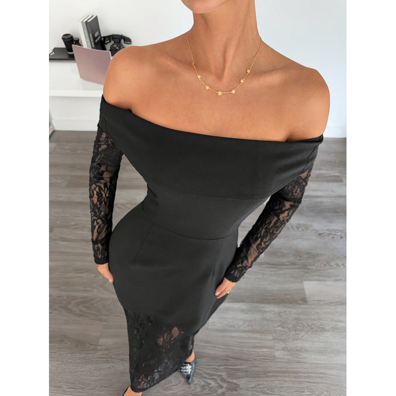 Damen Spitzen Abendkleid mit schulterfreiem Design und langen Ärmeln Drune