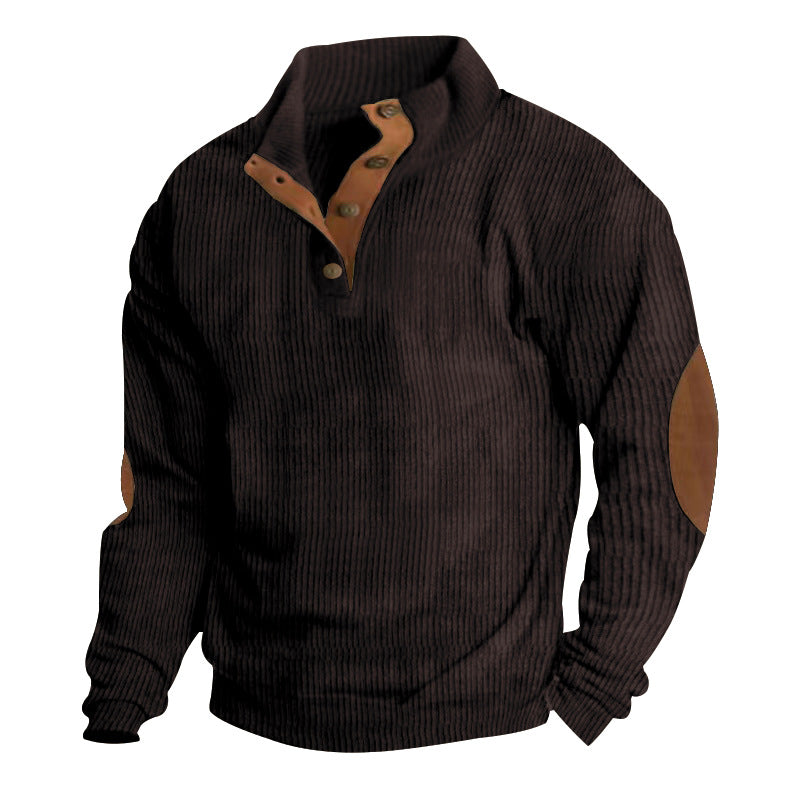 Herren nan gerippter Baumwollmix-Pullover mit Stehkragen, Knopfleiste und Lederoptik-Ellenbogenpatches Drune