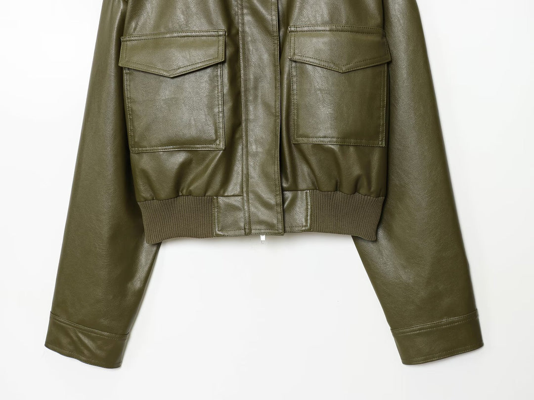 Damen cropped Kunstlederjacke mit praktischen Taschen und Stehkragen Drune