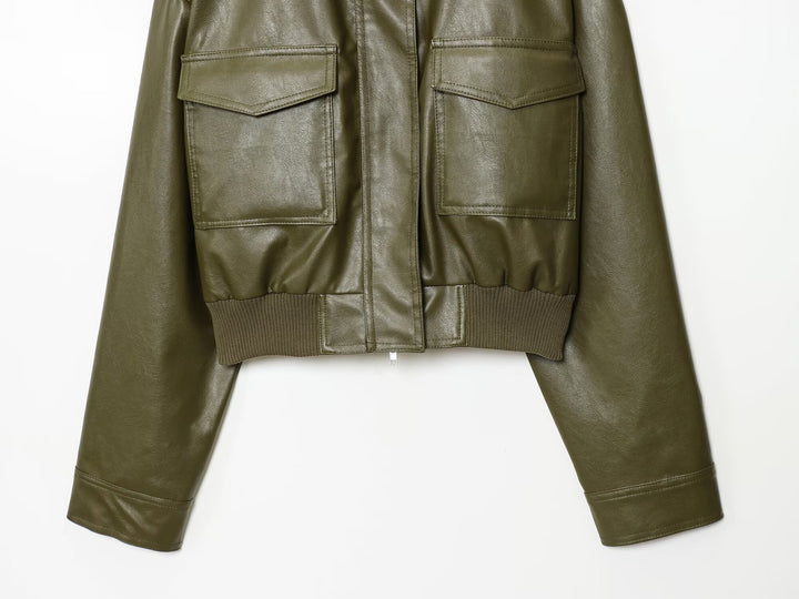 Damen cropped Kunstlederjacke mit praktischen Taschen und Stehkragen Drune