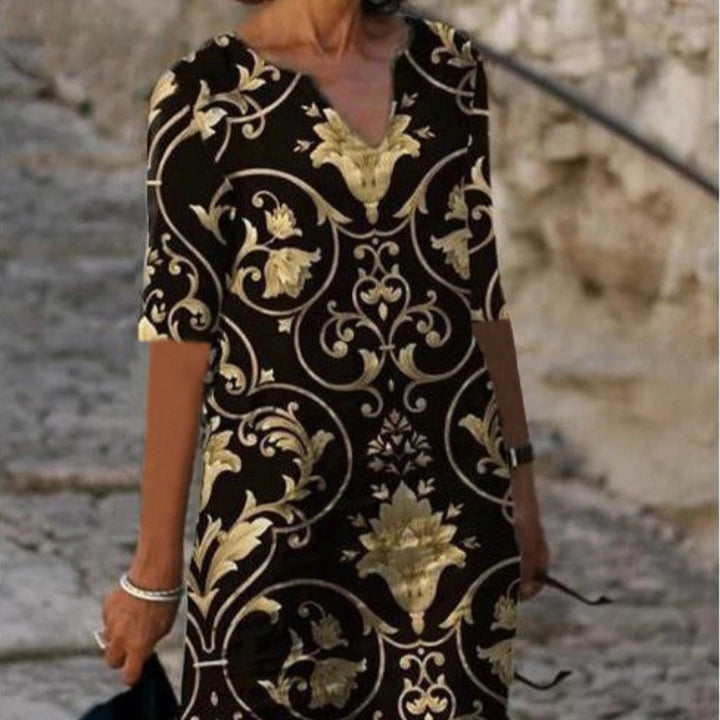 Damen luxuriöses V-Ausschnitt Kleid mit floralem Design und kurzem Ärmel Drune