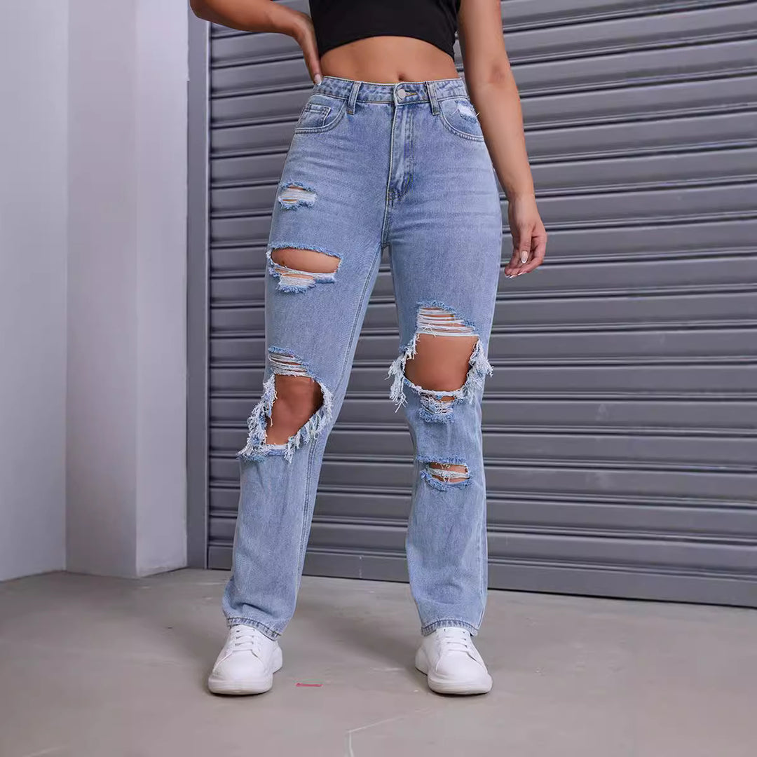 Damen Destroyed Jeans mit modernem High-Waist Schnitt und auffälligen Rissdetails Drune