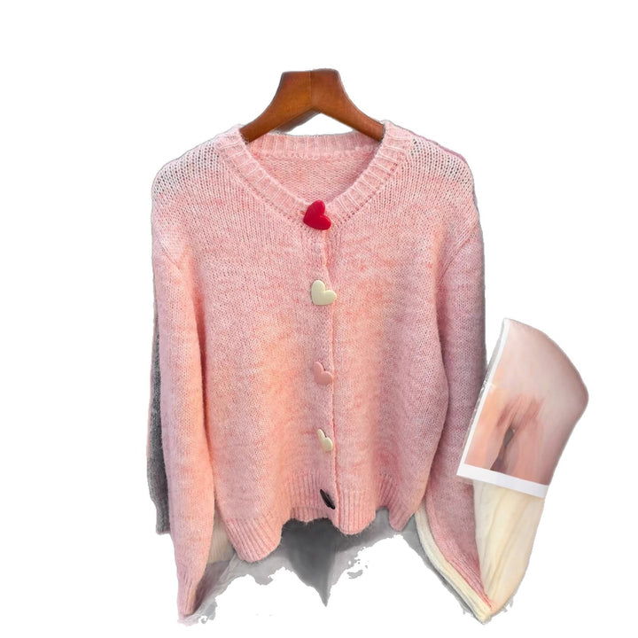 Damen lockerer Strickpullover mit herzförmigen Knöpfen und weitem Schnitt Drune