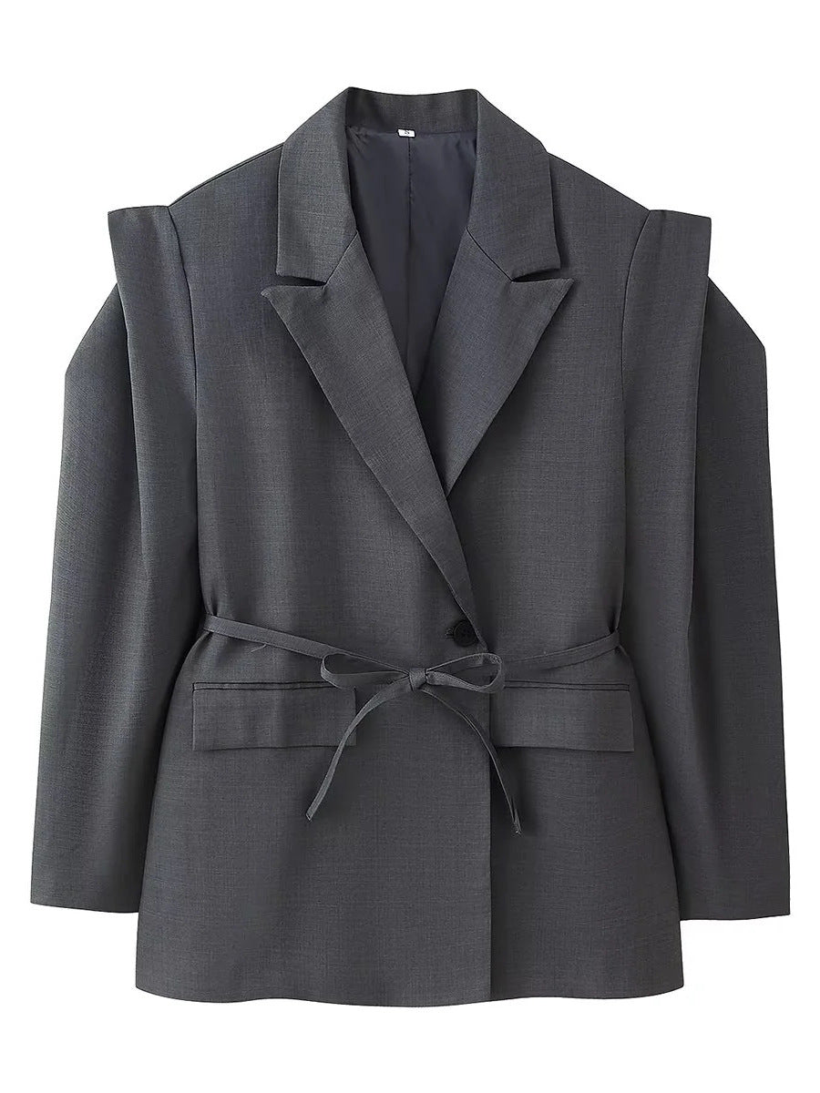 Damen Modische Blazerjacke mit Gürtel und Seidenoptik Drune