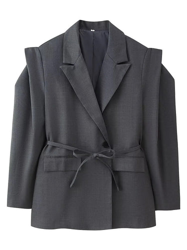 Damen Modische Blazerjacke mit Gürtel und Seidenoptik Drune