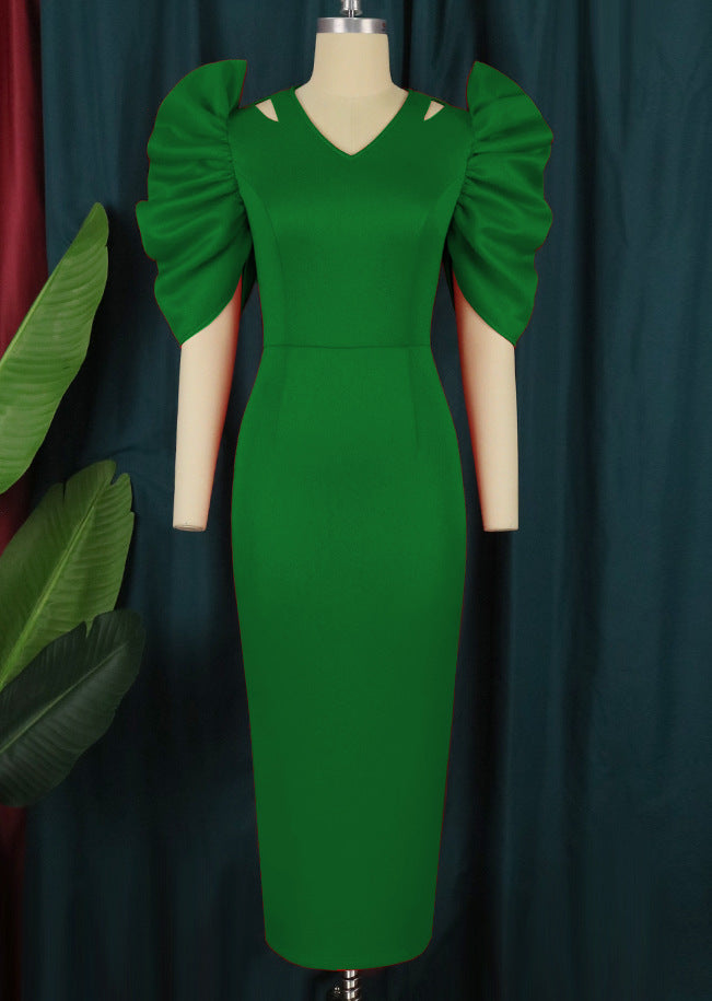 Damen Elegantes Midi-Kleid mit voluminösen Puffärmeln Drune