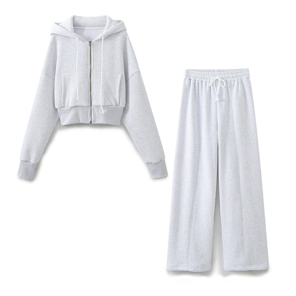 Damen modisches cropped Kapuzenjacken- und Jogginghose-Set Drune