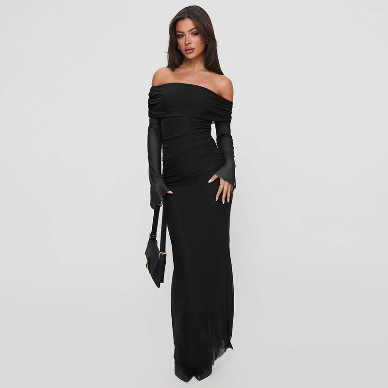Damen figurbetontes Maxikleid mit schulterfreiem Design und Rüschendetails Drune
