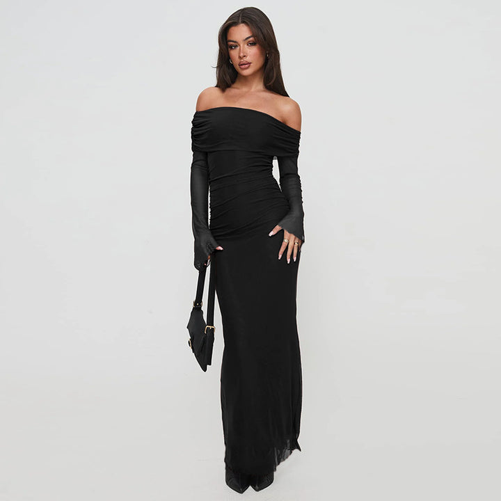 Damen figurbetontes Maxikleid mit schulterfreiem Design und Rüschendetails Drune