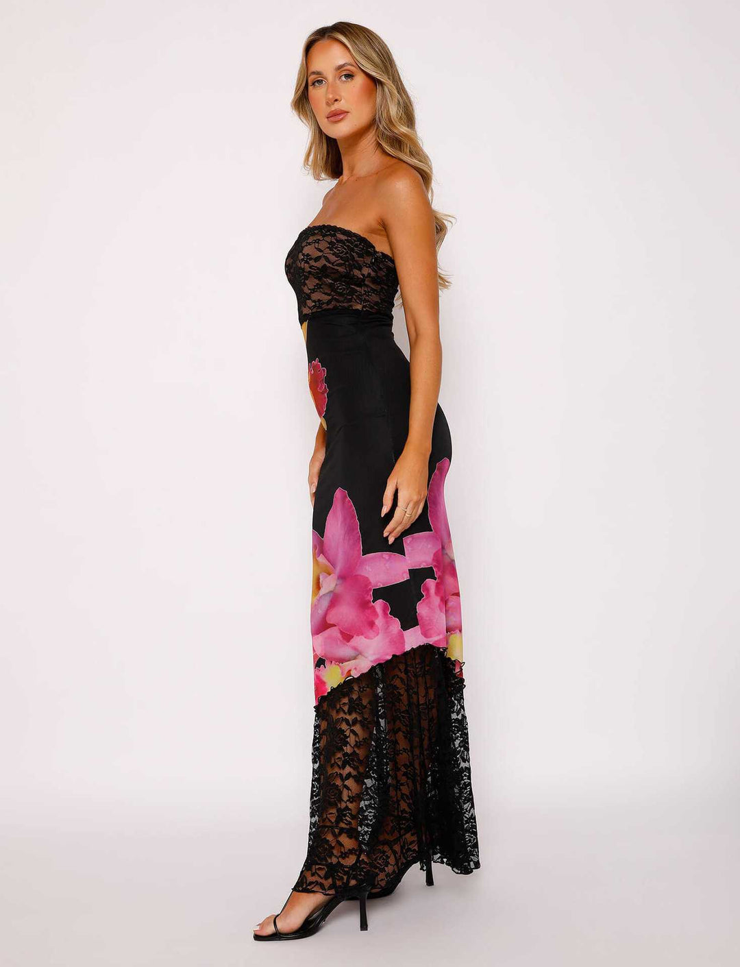 Damen Off-Shoulder Spitzenkleid mit Floral-Akzenten und transparentem Unterstoff Drune