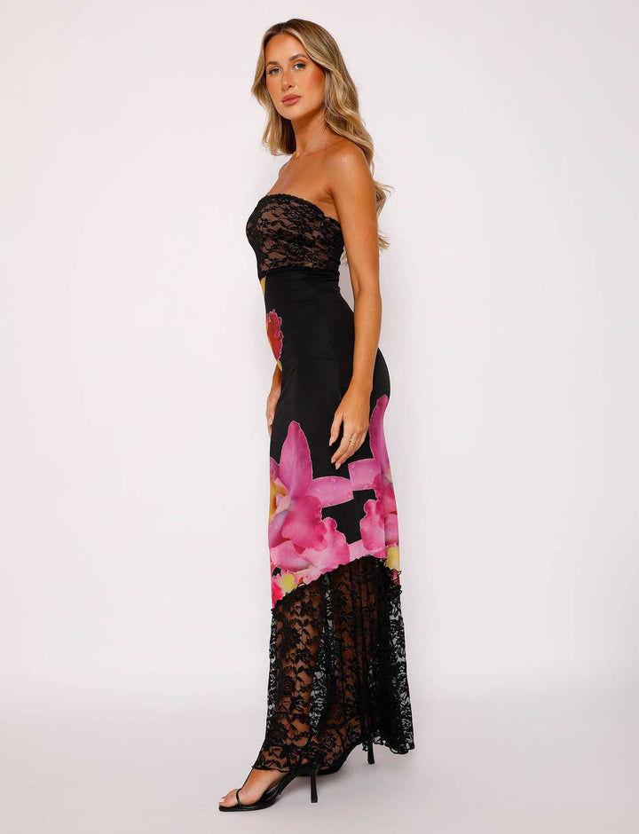 Damen Off-Shoulder Spitzenkleid mit Floral-Akzenten und transparentem Unterstoff Drune