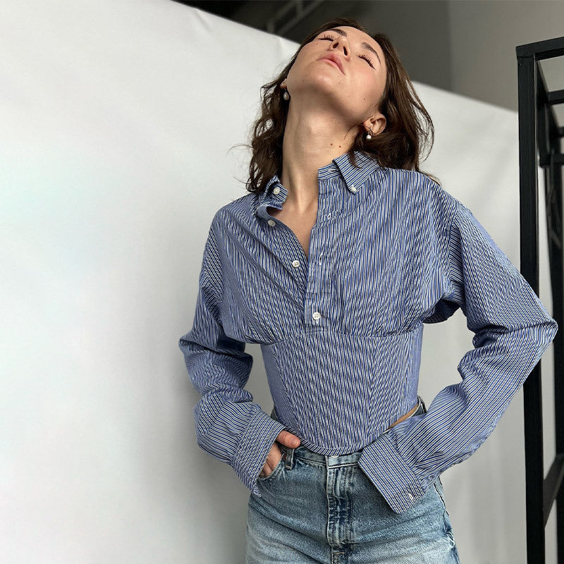 Damen Hemdbluse mit innovativem Schnitt und strukturierten Ärmeln Drune