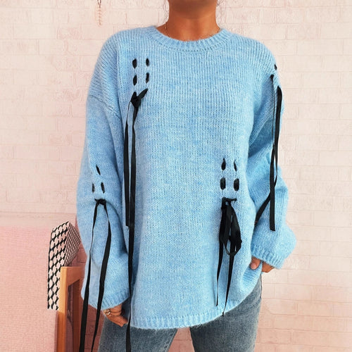 Damen modischer Oversize-Pullover mit einzigartigen Schnürdetails Drune