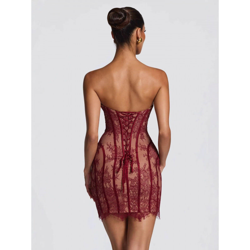 Damen Sexy Spitzenkleid mit gerafftem Schnitt und herzförmigem Ausschnitt Drune