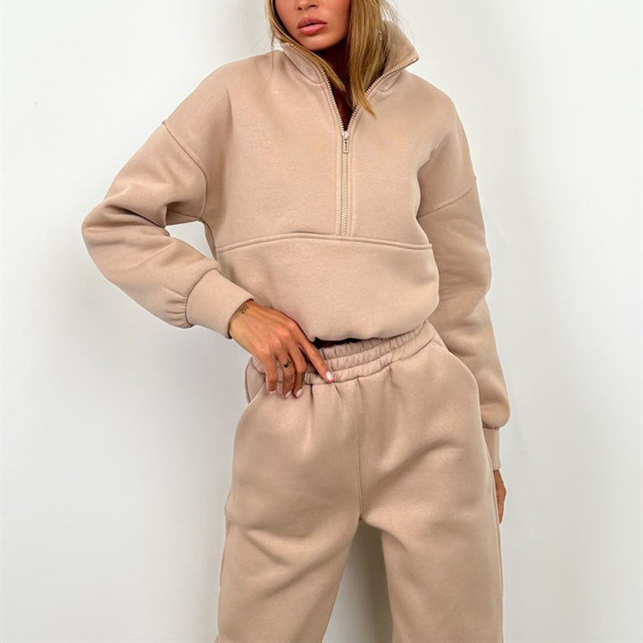 Damen nan cropped Half-Zip Fleece-Set zweiteilig mit hohem Bund und elastischen Bündchen Drune