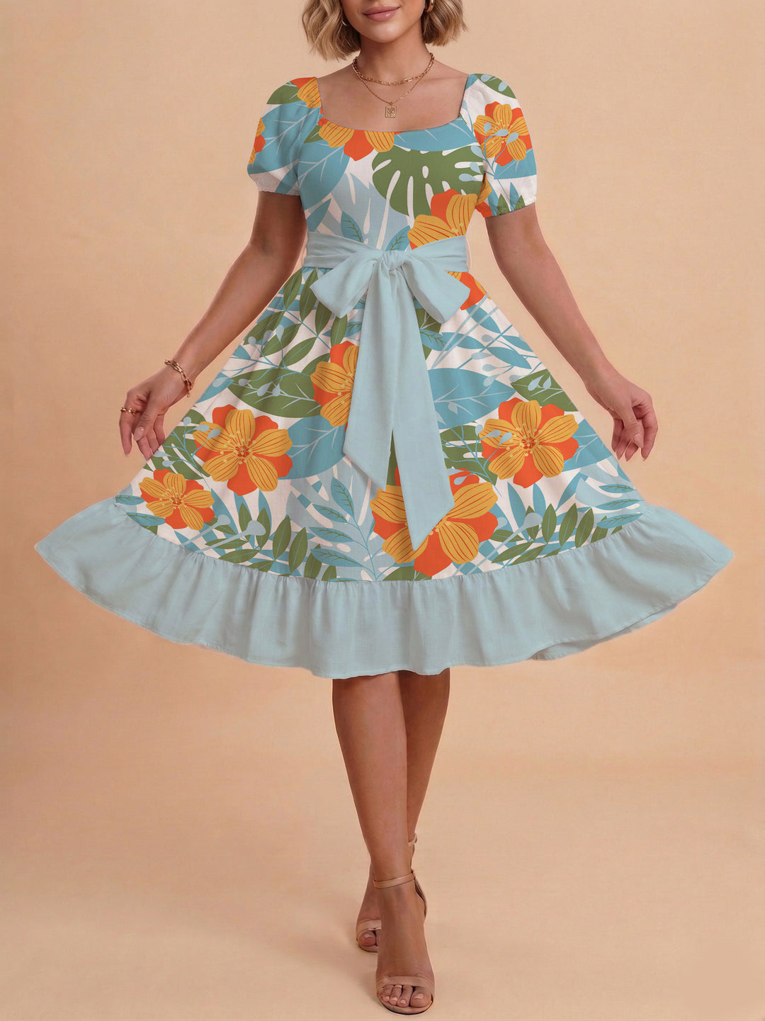 Damen A-Linien-Kleid mit floralen Motiven und taillierbarem Gürtel Drune