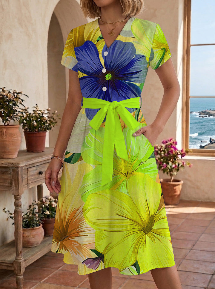 Damen Midikleid mit farbenfrohem Blumendesign und taillierbarem Bindegürtel Drune