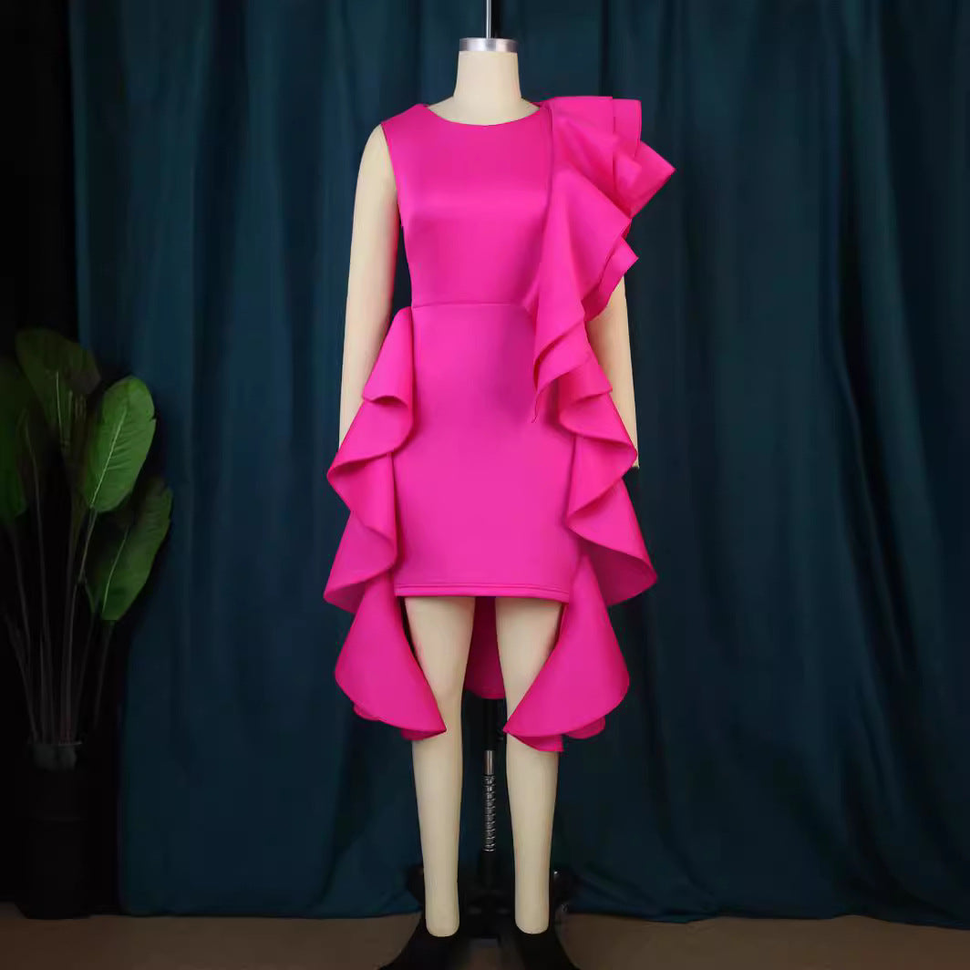 Damen elegantes Kleid mit asymmetrischen Rüschen Drune