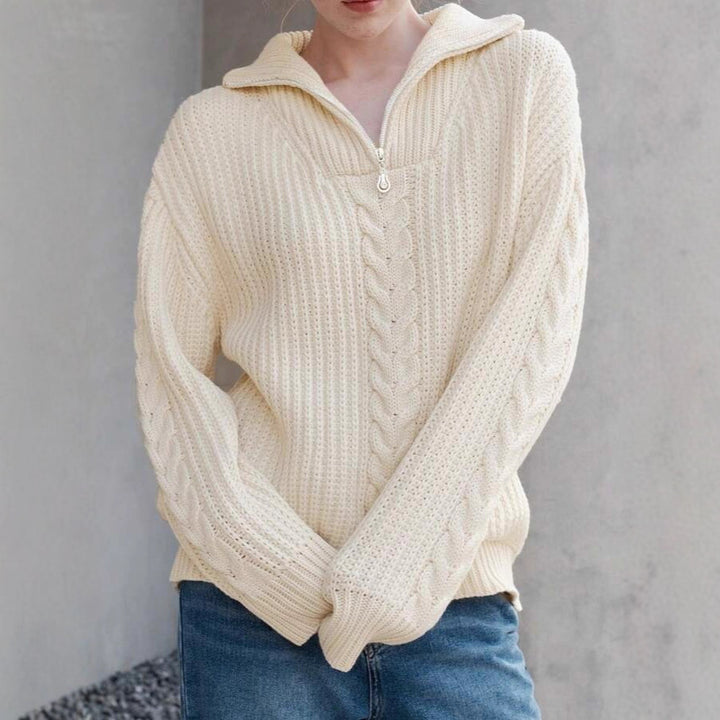 Damen Grobstrickpullover mit seitlichem Reißverschluss und Detailliertem Zopfmuster Drune