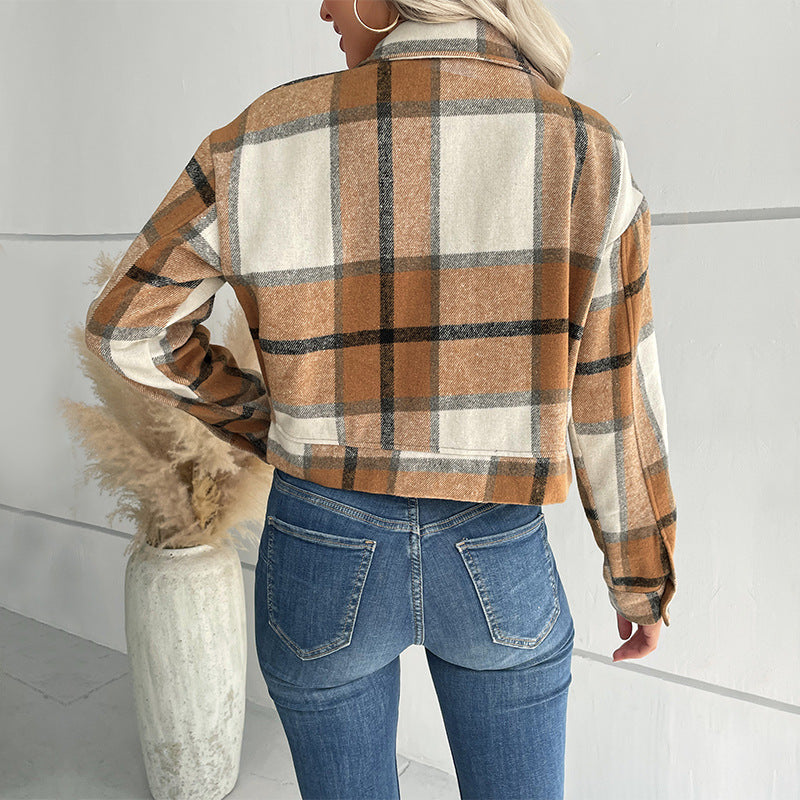 Damen Karo Crop-Jacke mit Taschen und Knopfverschluss Drune