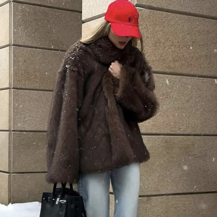 Damen Oversized Kunstfell-Mantel mit weich gefüttertem Innenfutter Drune