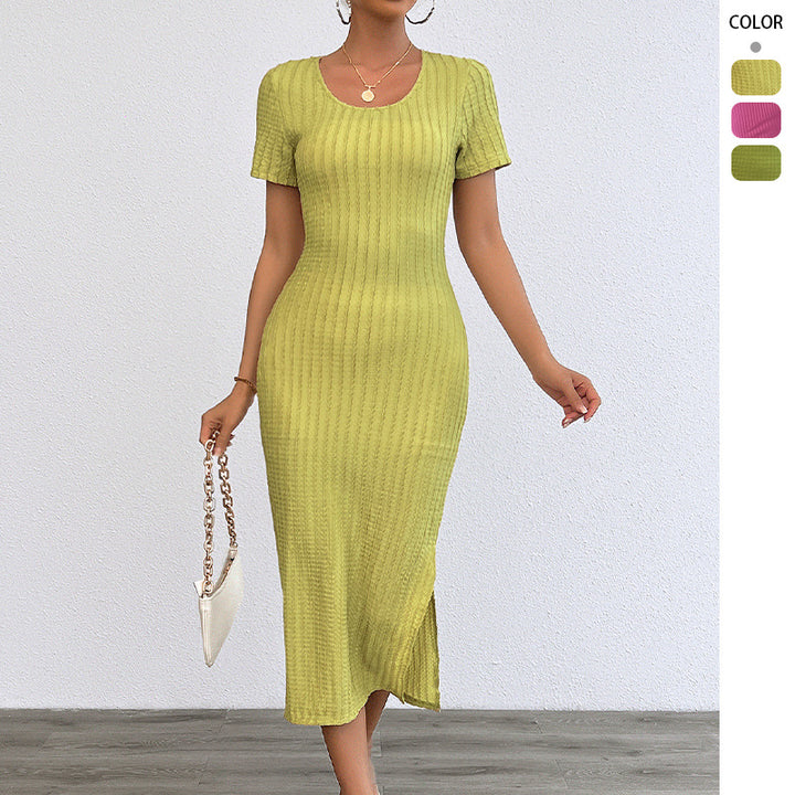 Damen Rippstrick Maxikleid mit figurbetonendem Schnitt und kurzem Ärmel Drune