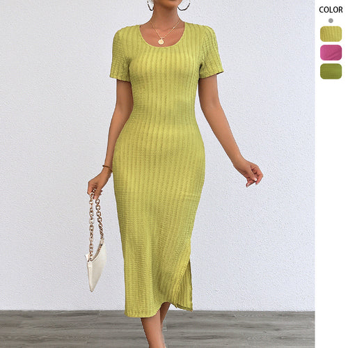 Damen Rippstrick Maxikleid mit figurbetonendem Schnitt und kurzem Ärmel Drune