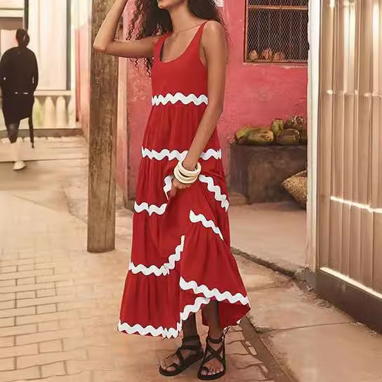 Damen Maxikleid mit wellenförmigen Rüschen und lässigem Schnitt Drune