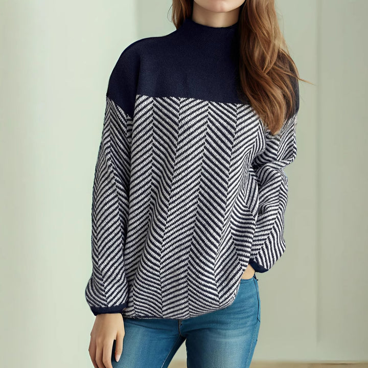 Damen gemütlicher Rollkragenpullover mit modernem Fischgrätenmuster und elastischen Bündchen Drune