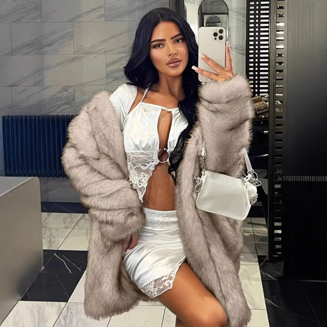 Damen kuschelige Luxusjacke mit hochwertigem Kunstfell Drune