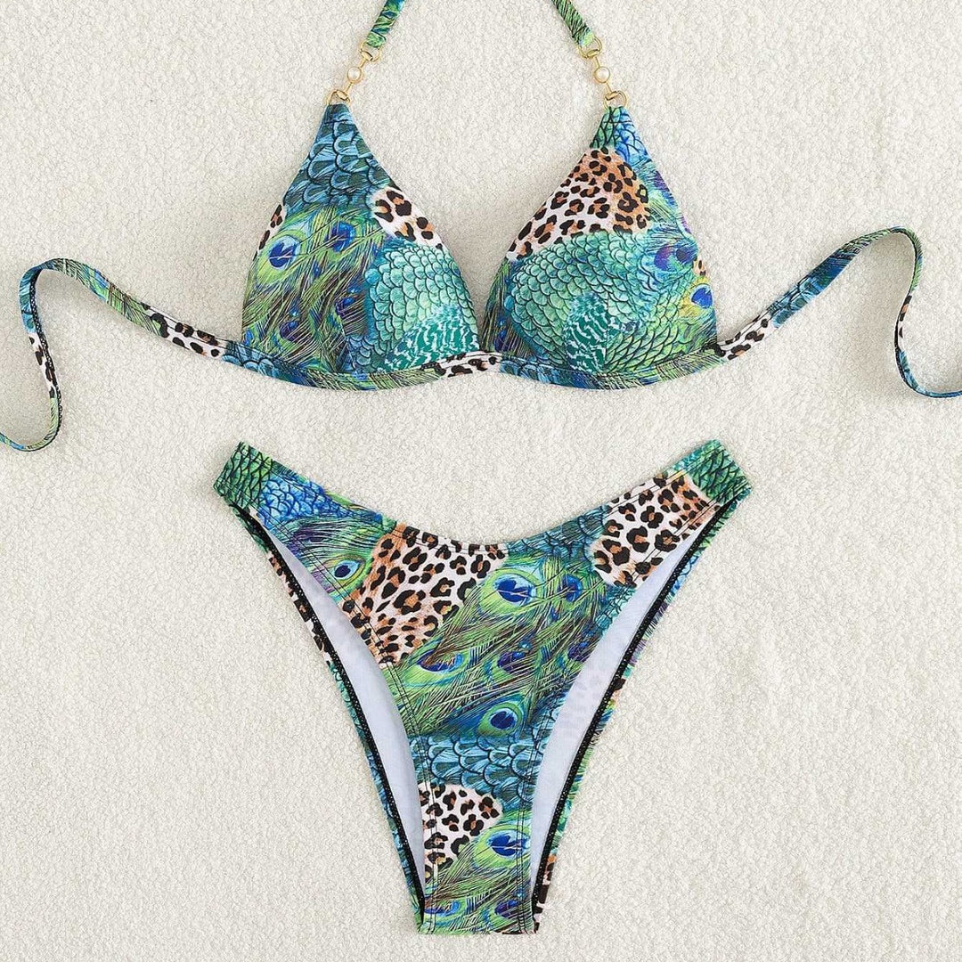 Damen Triangel-Bikini mit lebendigem Tier- und Pfauenmotiv Drune
