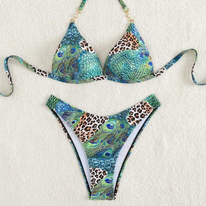 Damen Triangel-Bikini mit lebendigem Tier- und Pfauenmotiv Drune