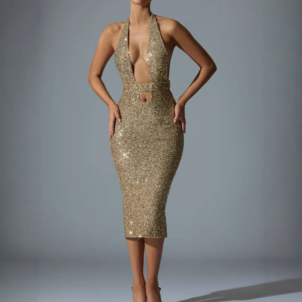 Damen Glamouröses Pailletten-Midi-Kleid mit tiefem V-Ausschnitt und figurbetonter Silhouette Drune